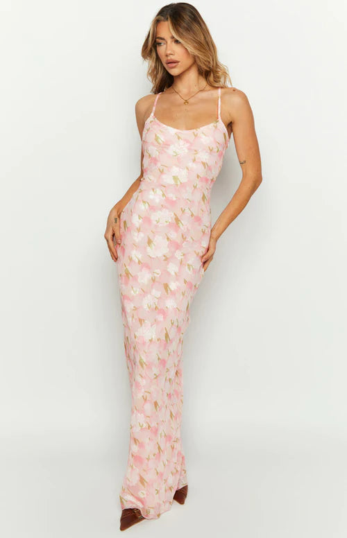 Renesmee Yellow Floral Print Satin Maxi Dress