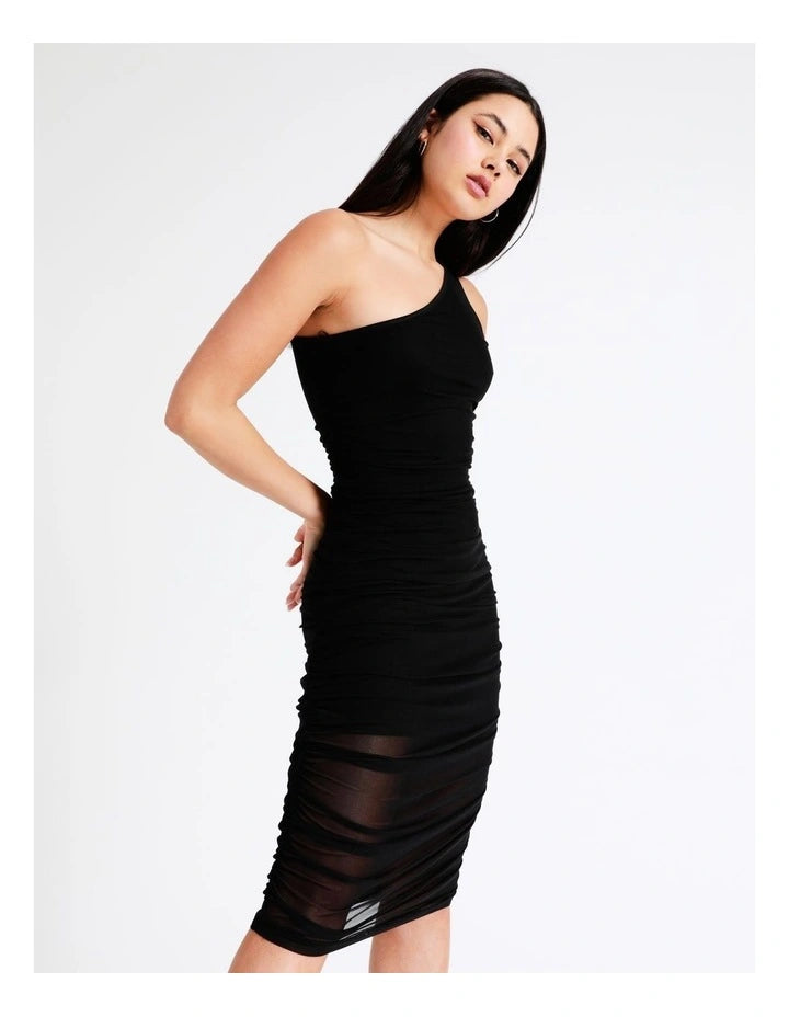 Miss Shop One Shoulder Mesh Midi - Black