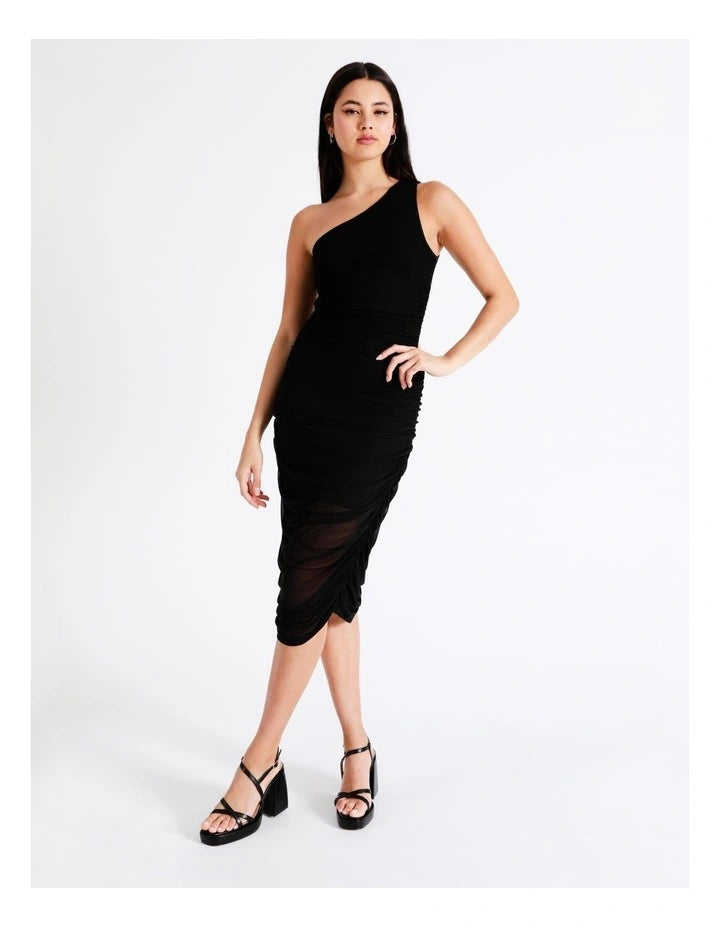 Miss Shop One Shoulder Mesh Midi - Black